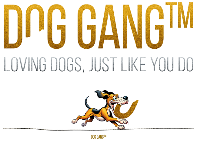 The Dog Gang (TM) logo features an illustration of a funny animated dog running with a large piece of the letter "O" in "DOG GANG" in its mouth. Above it is written in gold letters DOG GANG™ (with a missing piece in the letter O) and below it is written in silver letters LOVING DOGS, JUST LIKE YOU DO.