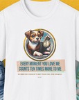 One Human Year = Ten Dog Years, Volume 3, Unisex T-Shirt-White. A perfect gift for dog lovers and dog owners. Design by Dog Gang