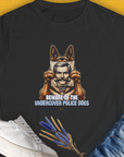 Beware Of The Undercover Police Dogs, Volume 1 Tee with a dog and mans picture. A funny shirt for any dog lover. Designed by Dog Gang.