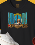 This unisex black T-shirt features a cute puppy looking out of a window with the saying I Love Dogs. From the legendary "I Love Dogs"-Series I, Volume 8. A perfect gift for dog lovers. Designed by Dog Gang.