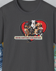 This puppy print tee says Dogs Will Always Have a Place in My Heart inside a heart filled with dogs—a perfect dog lover gift. Designed by Dog Gang.