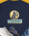 The One Human Year = Ten Dog Years, Volume 1 T-shirt in navy showcases a cute dog design, highlighting the time difference concept between dog and human years. Designed by Dog Gang.