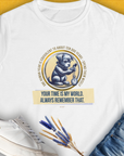 White womens t-shirt with whimsical dog holding a clock saying, One Human Year = Ten Dog Years, Volume 2. Perfect dog lover gift. Designed by Dog Gang.
