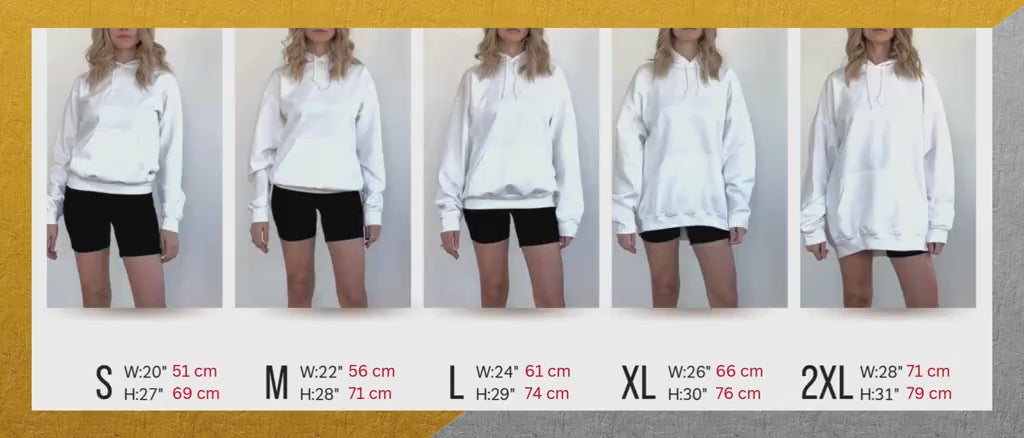Video Gildan 18500 unisex hoodie. From left to right: Sizes small, medium, large, x-large and 2 x-large