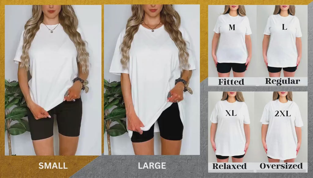 UNISEX GILDAN 6400 VIDEO: size SMALL (left) and size LARGE (right). Four pictures on the right showing sizes M, L, XL an 2XL
