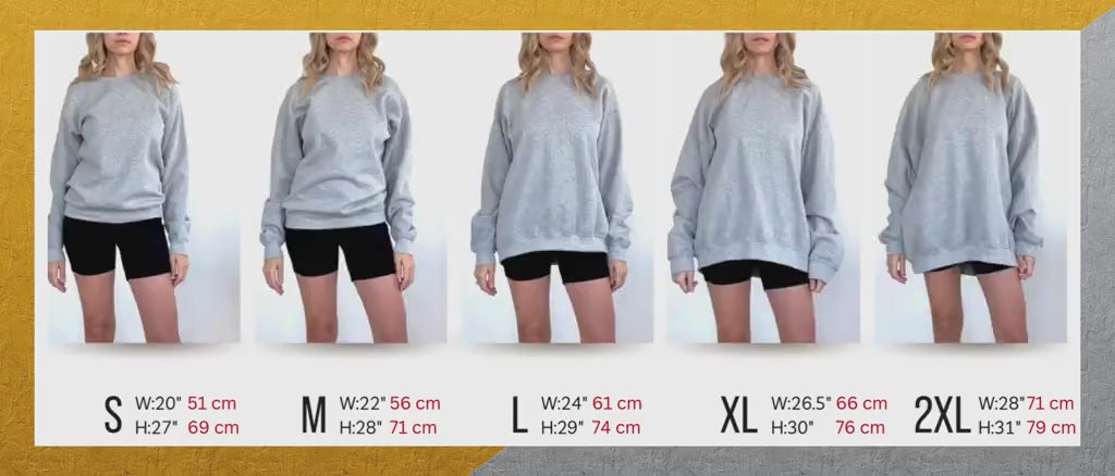 Video Gildan 18000 unisex sweatshirt. From left to right: Sizes small, medium, large, x-large and 2 x-large