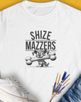 Featuring a funny cartoon dog holding an oversized bone in its mouth, preventing it from speaking properly. The text reads "SHIZE MAZZERS". Perfect for any dog ​​lover. Designed by Dog Gang.
