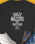 Funny dog shirt featuring a cartoon dog lifting bones with the text SHIZE MAZZERS. Cute dog design perfect for any dog lover. Designed by Dog Gang.