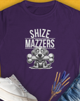 a funny shirt featuring a cartoon dog holding an oversized bone in its mouth, preventing it from speaking properly. The text reads "SHIZE MAZZERS". Perfect for any dog ​​lover. Designed by Dog Gang.